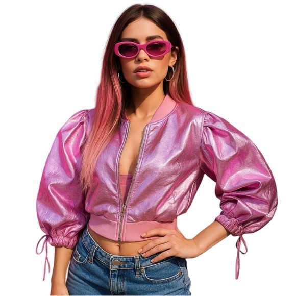 Akira Pink Metallic Bubble Sleeve Cropped Jacket Size XL – Runs Small - Picture 1 of 11